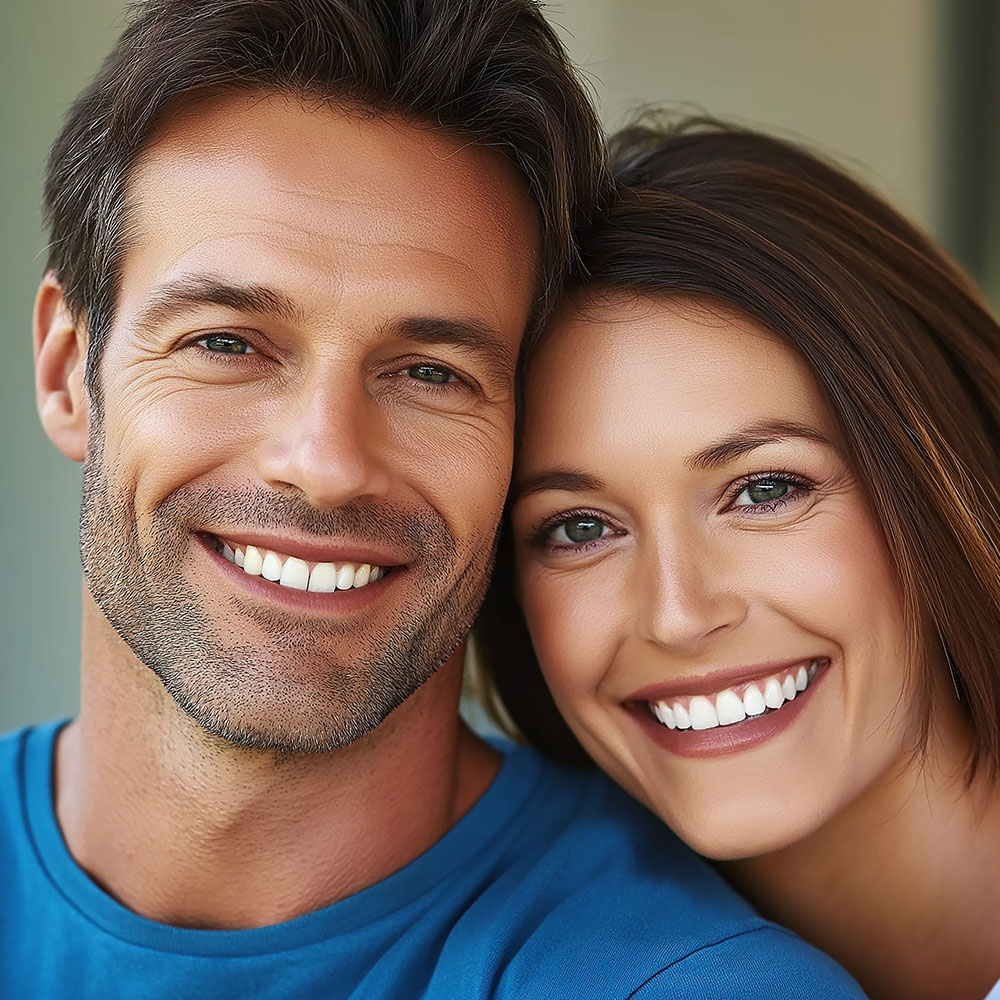 This is a color photograph featuring two smiling adults, a man and a woman, posing closely together with their arms around each other  they appear to be in their mid-adulthood years, and both are looking directly at the camera. The man has short hair and a beard, while the woman has long hair and is wearing makeup. They are outdoors during daylight, as indicated by the natural lighting and clear sky. There is no visible text on the image.