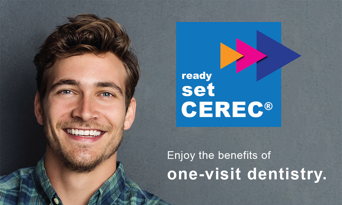 The image features a man smiling at the camera, with text overlaying his face that reads  SET CEREC  and below him, an advertisement for  Cerec  dental implants.